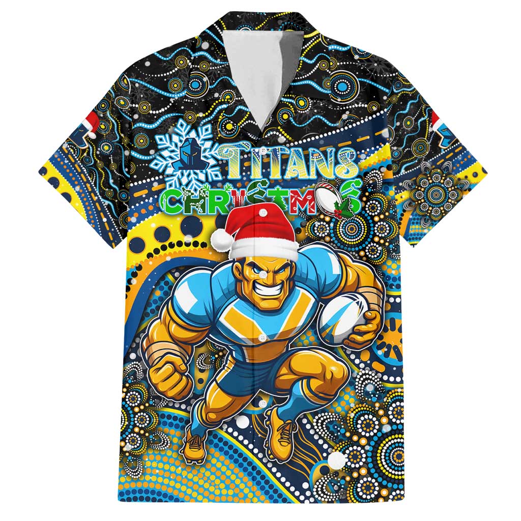 Merry Christmas Gold Coast Titans Family Matching Summer Maxi Dress and Hawaiian Shirt Aboriginal Santa Rugby Mascot - Light Blue
