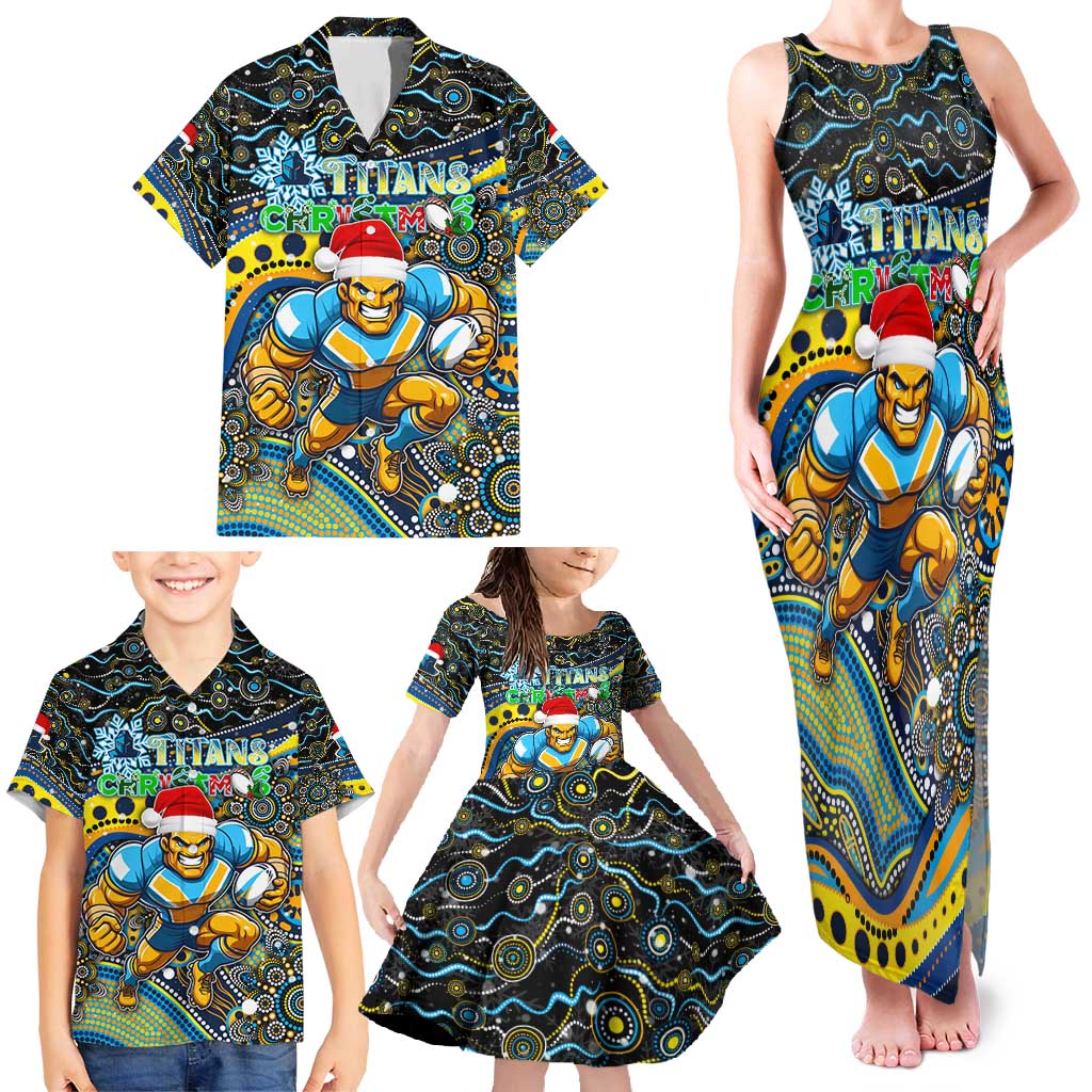 Merry Christmas Gold Coast Titans Family Matching Tank Maxi Dress and Hawaiian Shirt Aboriginal Santa Rugby Mascot - Light Blue