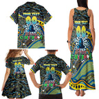 Merry Christmas Gold Coast Titans Family Matching Tank Maxi Dress and Hawaiian Shirt Aboriginal Santa Rugby Mascot - Light Blue