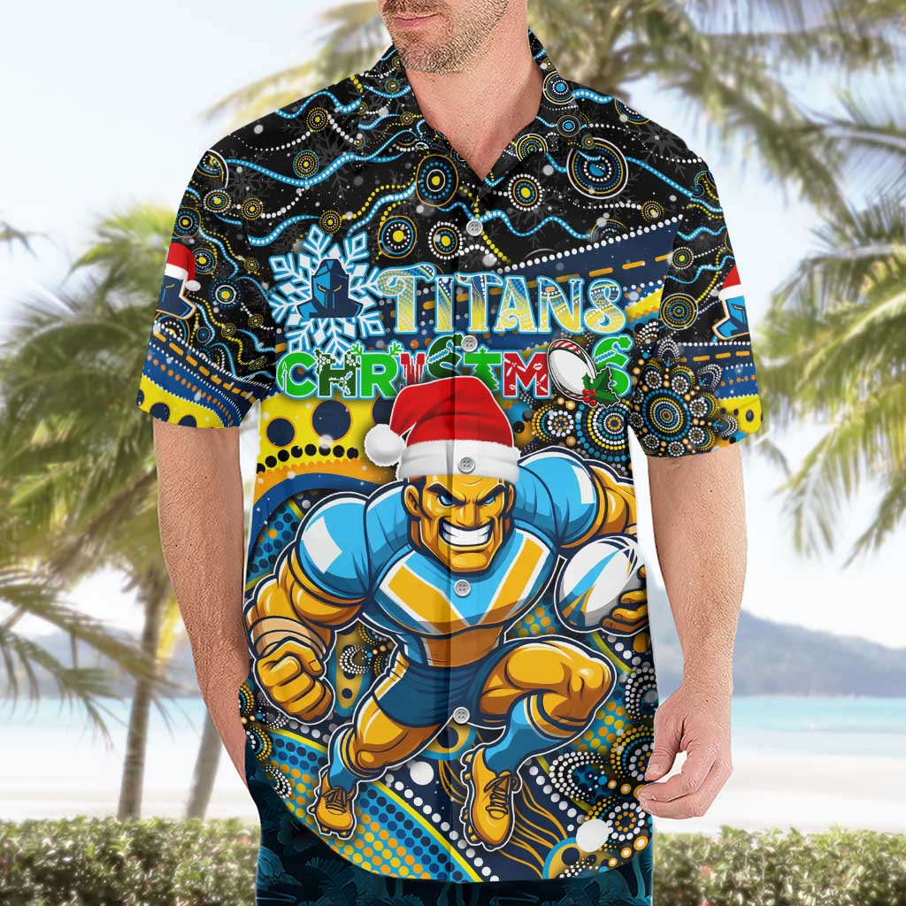 Merry Christmas Gold Coast Titans Hawaiian Shirt Aboriginal Santa Rugby Mascot - Light Blue