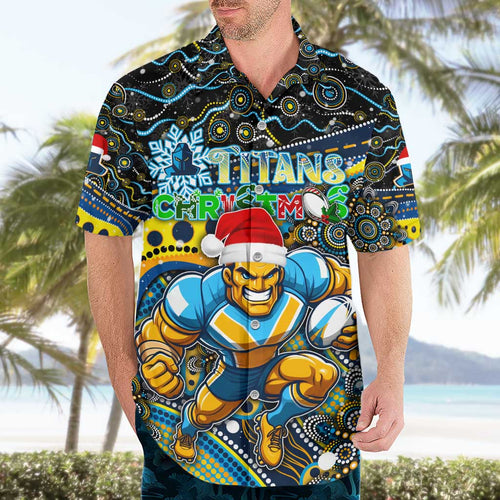 Merry Christmas Gold Coast Titans Hawaiian Shirt Aboriginal Santa Rugby Mascot - Light Blue