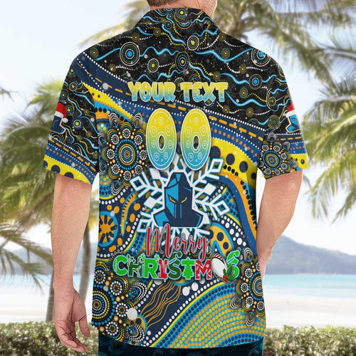 Merry Christmas Gold Coast Titans Hawaiian Shirt Aboriginal Santa Rugby Mascot - Light Blue