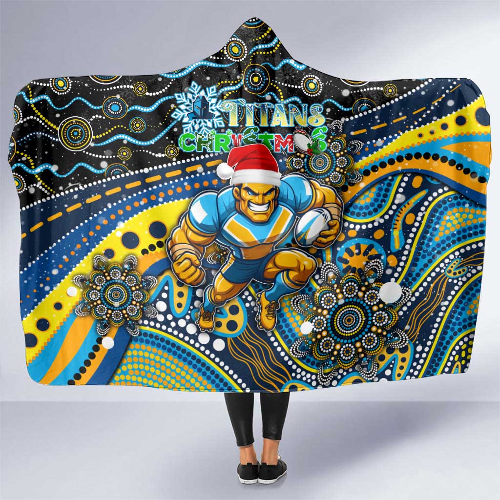 Merry Christmas Gold Coast Titans Hooded Blanket Aboriginal Santa Rugby Mascot - Light Blue