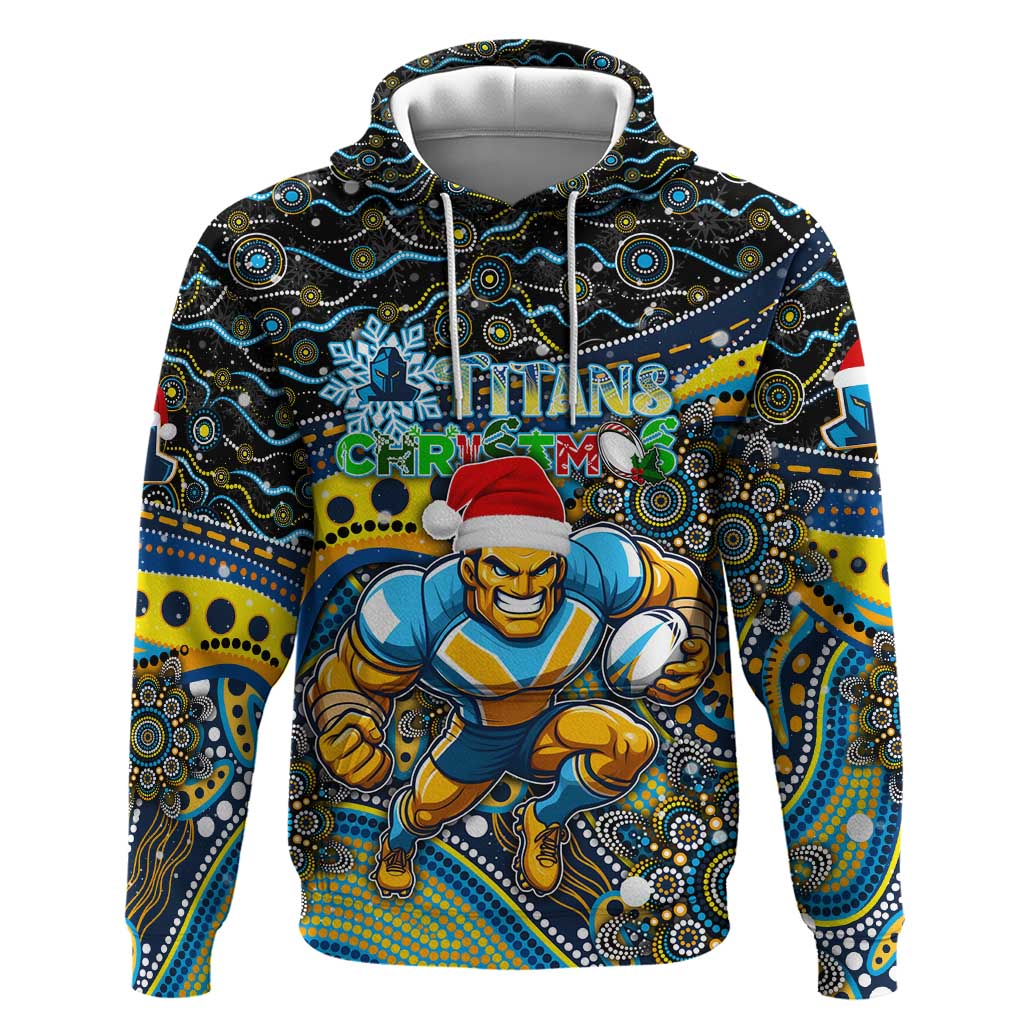 Merry Christmas Gold Coast Titans Hoodie Aboriginal Santa Rugby Mascot - Light Blue