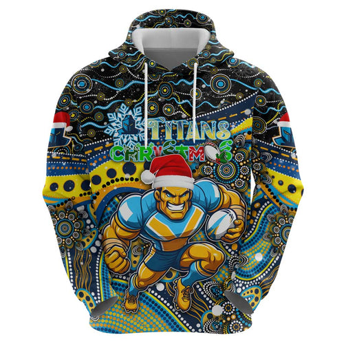 Merry Christmas Gold Coast Titans Hoodie Aboriginal Santa Rugby Mascot - Light Blue