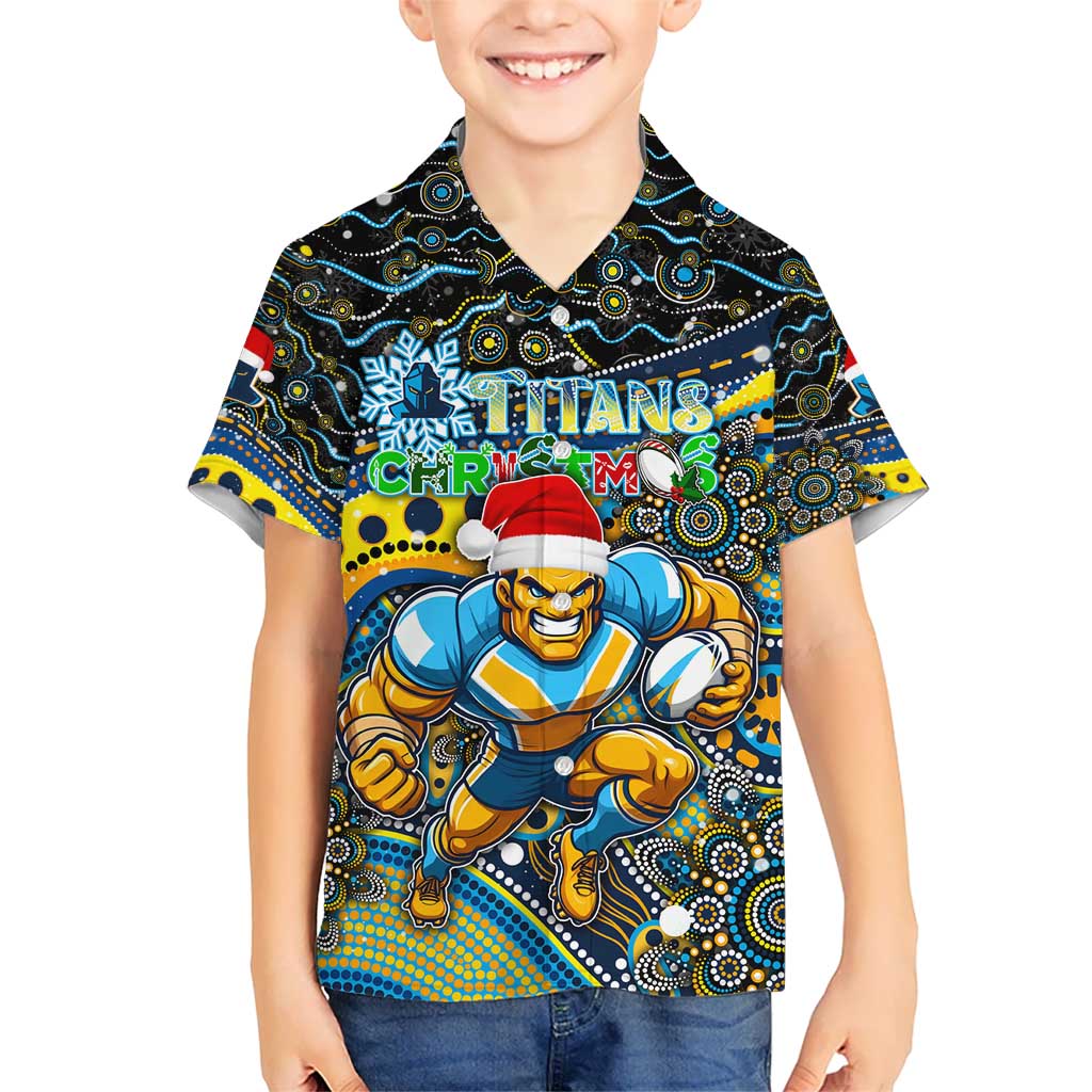Merry Christmas Gold Coast Titans Kid Hawaiian Shirt Aboriginal Santa Rugby Mascot - Light Blue