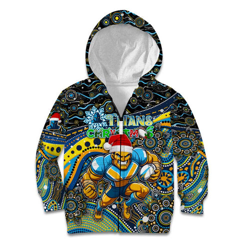 Merry Christmas Gold Coast Titans Kid Hoodie Aboriginal Santa Rugby Mascot - Light Blue