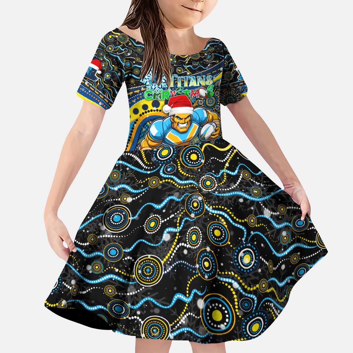 Merry Christmas Gold Coast Titans Kid Short Sleeve Dress Aboriginal Santa Rugby Mascot - Light Blue