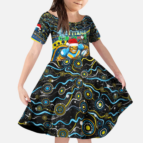 Merry Christmas Gold Coast Titans Kid Short Sleeve Dress Aboriginal Santa Rugby Mascot - Light Blue