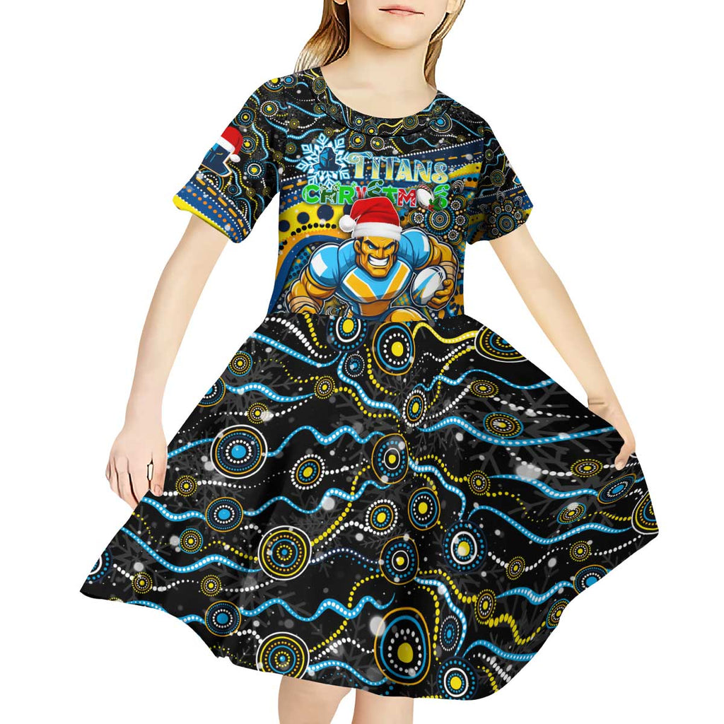 Merry Christmas Gold Coast Titans Kid Short Sleeve Dress Aboriginal Santa Rugby Mascot - Light Blue