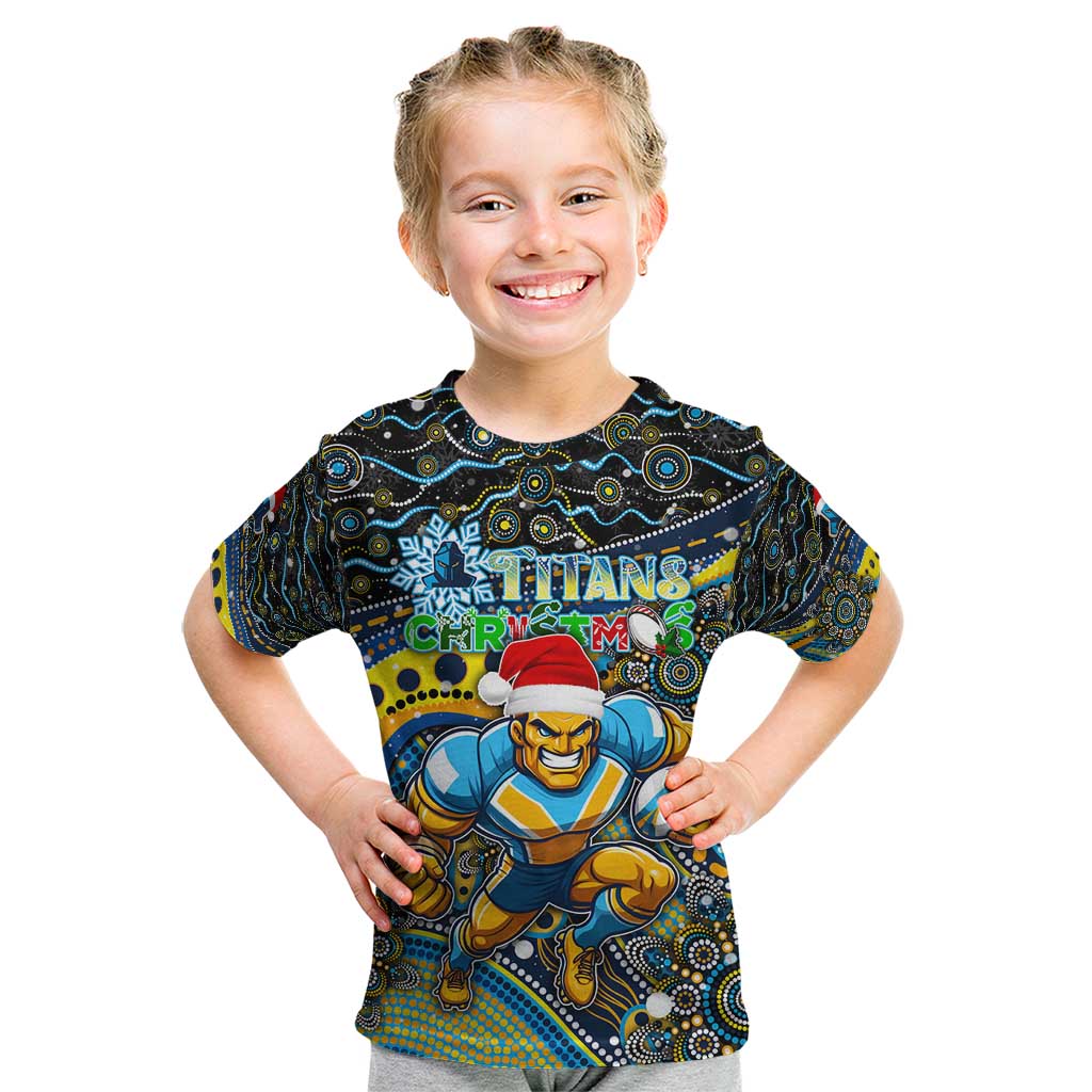 Merry Christmas Gold Coast Titans Kid T Shirt Aboriginal Santa Rugby Mascot - Light Blue