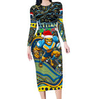 Merry Christmas Gold Coast Titans Long Sleeve Bodycon Dress Aboriginal Santa Rugby Mascot - Light Blue
