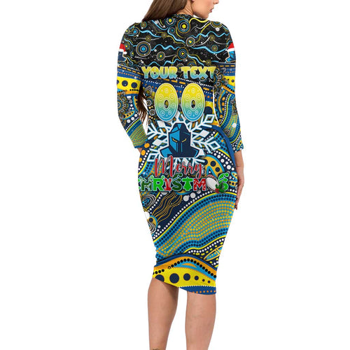 Merry Christmas Gold Coast Titans Long Sleeve Bodycon Dress Aboriginal Santa Rugby Mascot - Light Blue