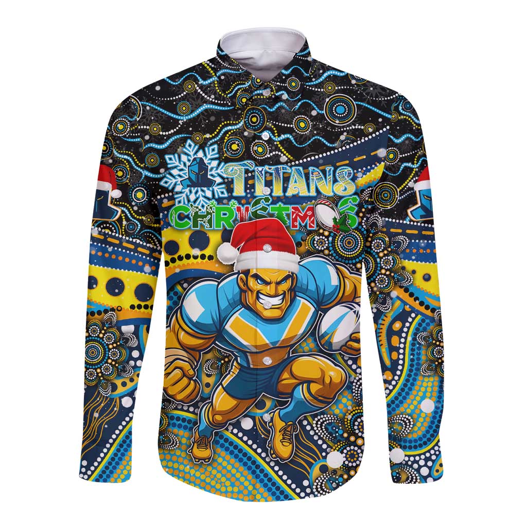 Merry Christmas Gold Coast Titans Long Sleeve Button Shirt Aboriginal Santa Rugby Mascot - Light Blue