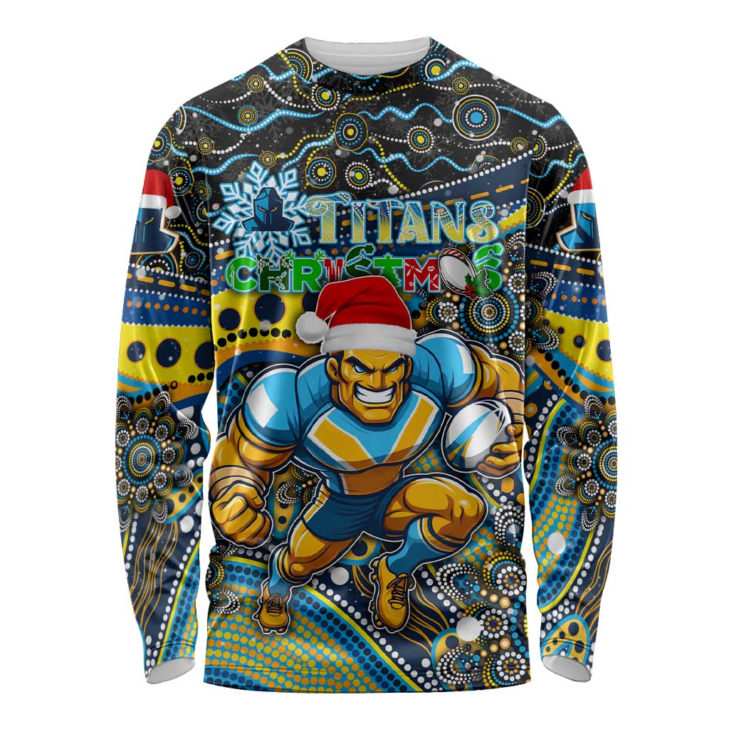 Merry Christmas Gold Coast Titans Long Sleeve Shirt Aboriginal Santa Rugby Mascot - Light Blue