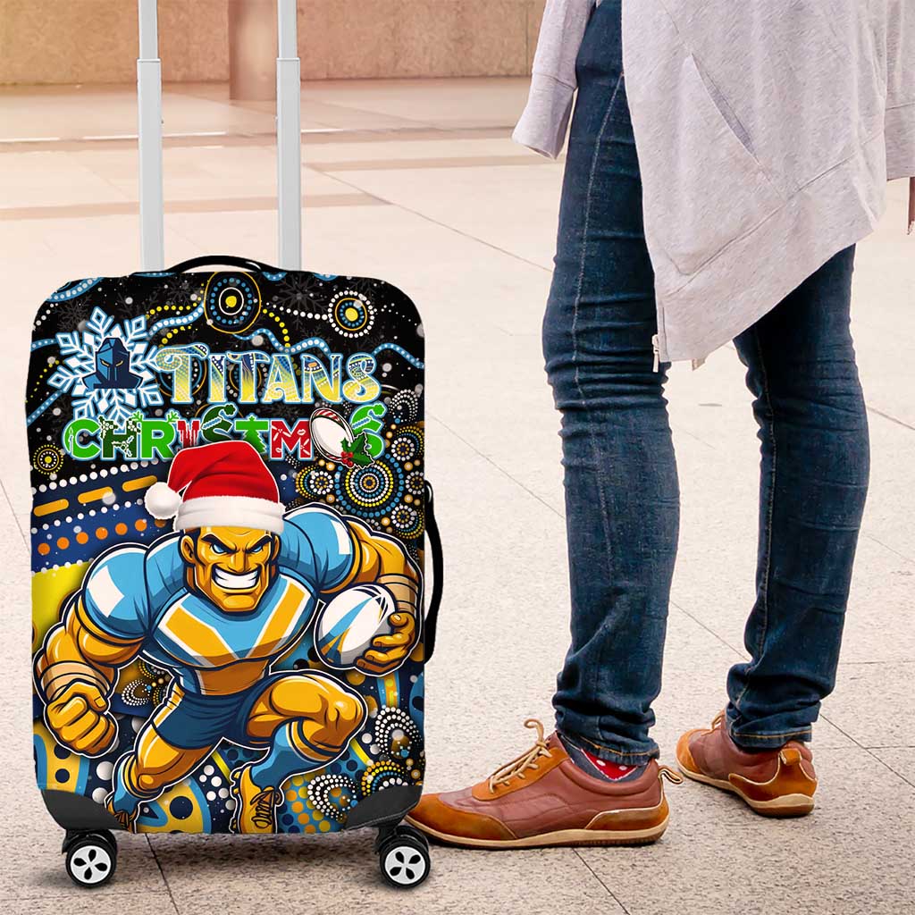 Merry Christmas Gold Coast Titans Luggage Cover Aboriginal Santa Rugby Mascot - Light Blue