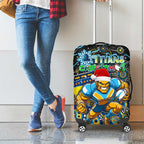 Merry Christmas Gold Coast Titans Luggage Cover Aboriginal Santa Rugby Mascot - Light Blue