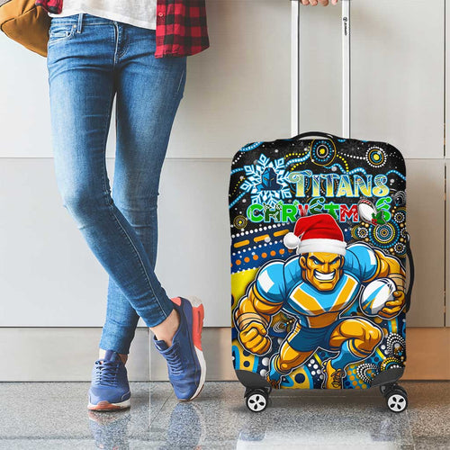 Merry Christmas Gold Coast Titans Luggage Cover Aboriginal Santa Rugby Mascot - Light Blue