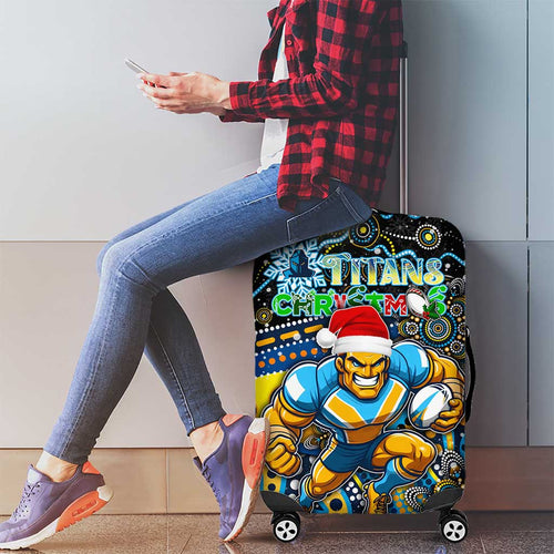 Merry Christmas Gold Coast Titans Luggage Cover Aboriginal Santa Rugby Mascot - Light Blue