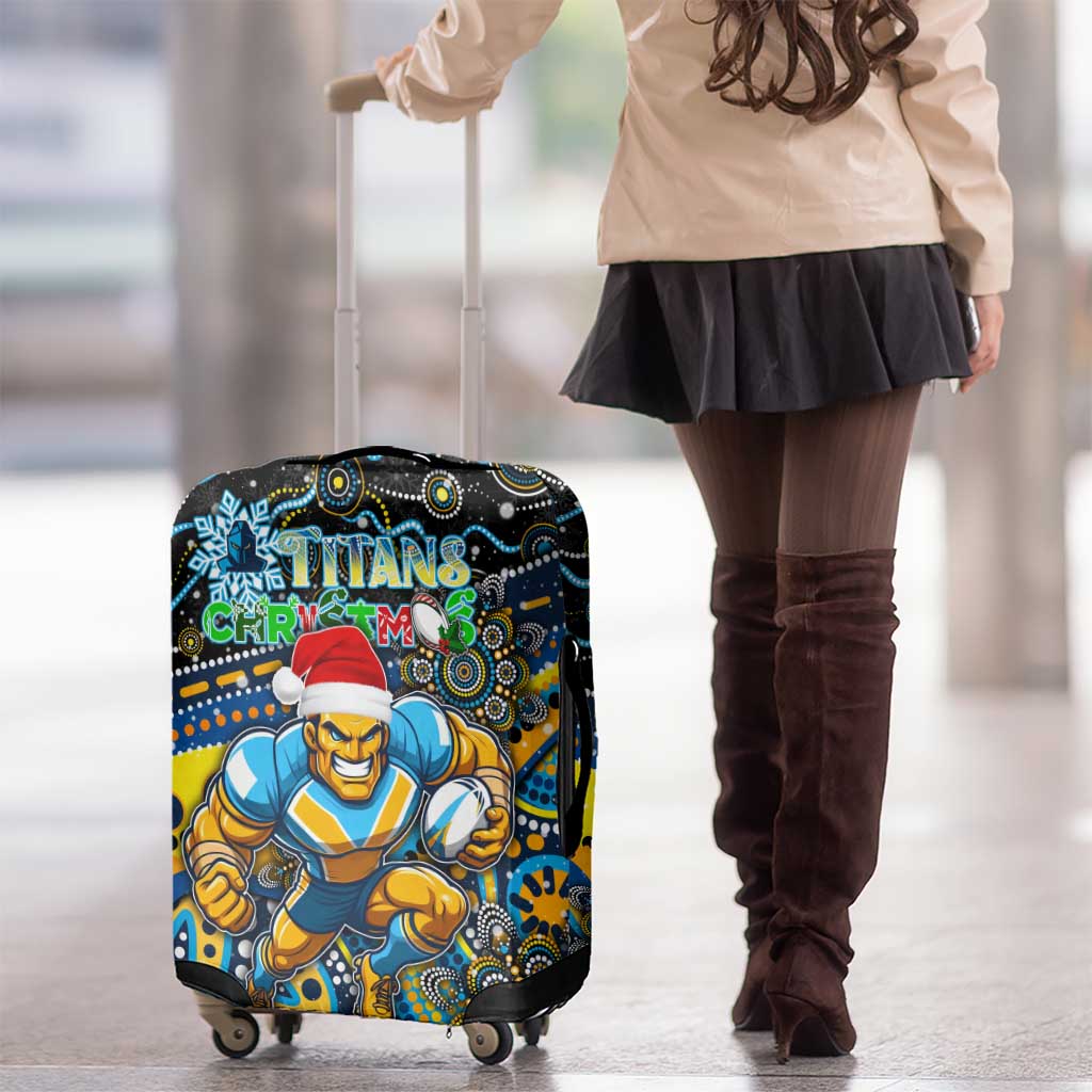 Merry Christmas Gold Coast Titans Luggage Cover Aboriginal Santa Rugby Mascot - Light Blue