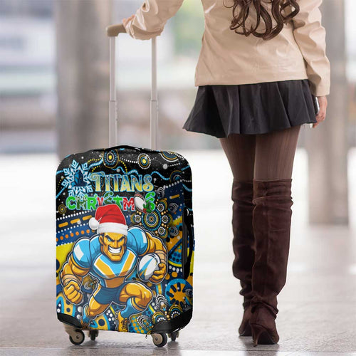 Merry Christmas Gold Coast Titans Luggage Cover Aboriginal Santa Rugby Mascot - Light Blue