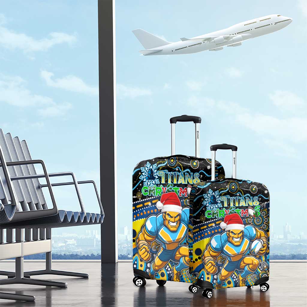 Merry Christmas Gold Coast Titans Luggage Cover Aboriginal Santa Rugby Mascot - Light Blue