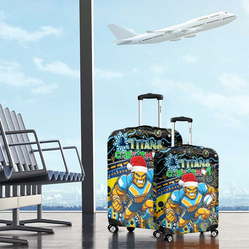 Merry Christmas Gold Coast Titans Luggage Cover Aboriginal Santa Rugby Mascot - Light Blue
