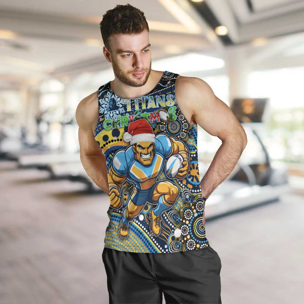 Merry Christmas Gold Coast Titans Men Tank Top Aboriginal Santa Rugby Mascot - Light Blue
