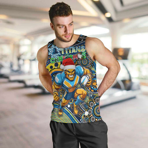 Merry Christmas Gold Coast Titans Men Tank Top Aboriginal Santa Rugby Mascot - Light Blue
