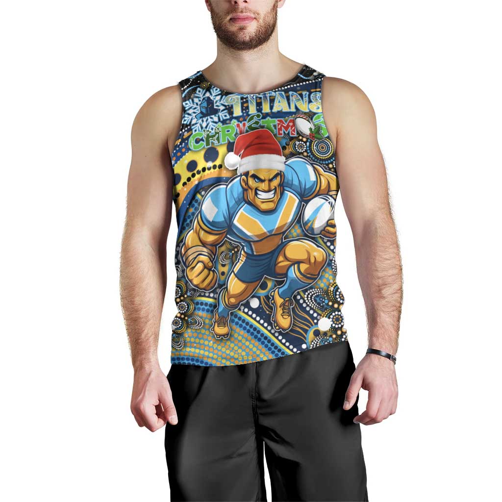 Merry Christmas Gold Coast Titans Men Tank Top Aboriginal Santa Rugby Mascot - Light Blue