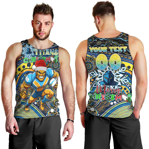 Merry Christmas Gold Coast Titans Men Tank Top Aboriginal Santa Rugby Mascot - Light Blue