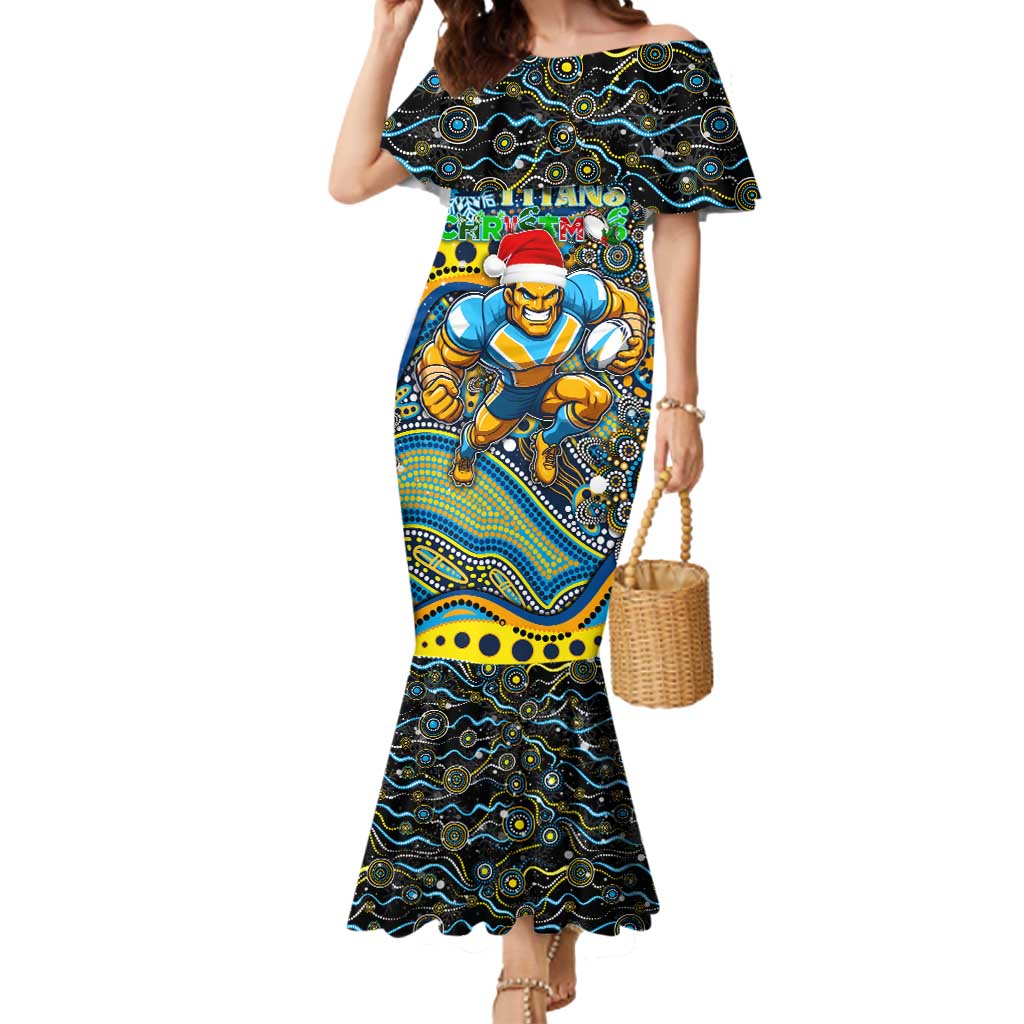 Merry Christmas Gold Coast Titans Mermaid Dress Aboriginal Santa Rugby Mascot - Light Blue