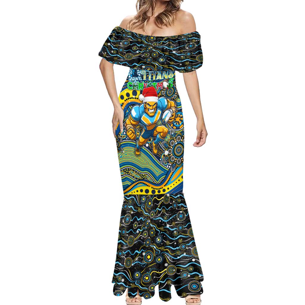 Merry Christmas Gold Coast Titans Mermaid Dress Aboriginal Santa Rugby Mascot - Light Blue