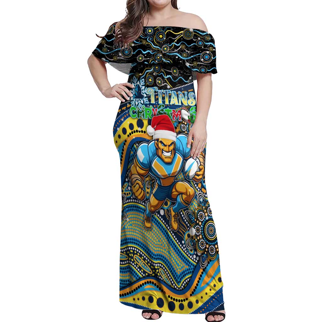 Merry Christmas Gold Coast Titans Off Shoulder Maxi Dress Aboriginal Santa Rugby Mascot - Light Blue