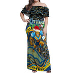 Merry Christmas Gold Coast Titans Off Shoulder Maxi Dress Aboriginal Santa Rugby Mascot - Light Blue