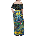 Merry Christmas Gold Coast Titans Off Shoulder Maxi Dress Aboriginal Santa Rugby Mascot - Light Blue