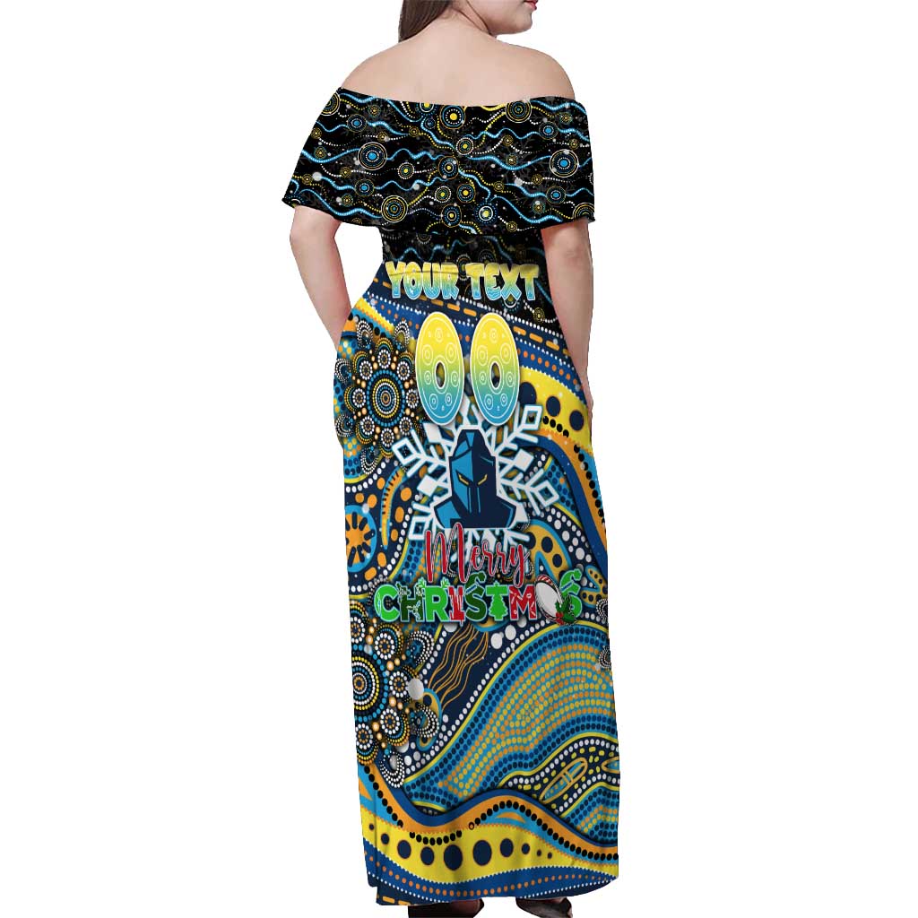 Merry Christmas Gold Coast Titans Off Shoulder Maxi Dress Aboriginal Santa Rugby Mascot - Light Blue