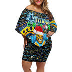 Merry Christmas Gold Coast Titans Off Shoulder Short Dress Aboriginal Santa Rugby Mascot - Light Blue