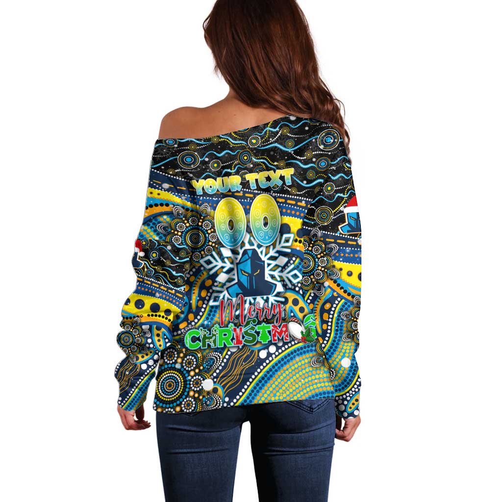 Merry Christmas Gold Coast Titans Off Shoulder Sweater Aboriginal Santa Rugby Mascot - Light Blue