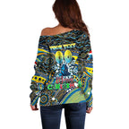 Merry Christmas Gold Coast Titans Off Shoulder Sweater Aboriginal Santa Rugby Mascot - Light Blue