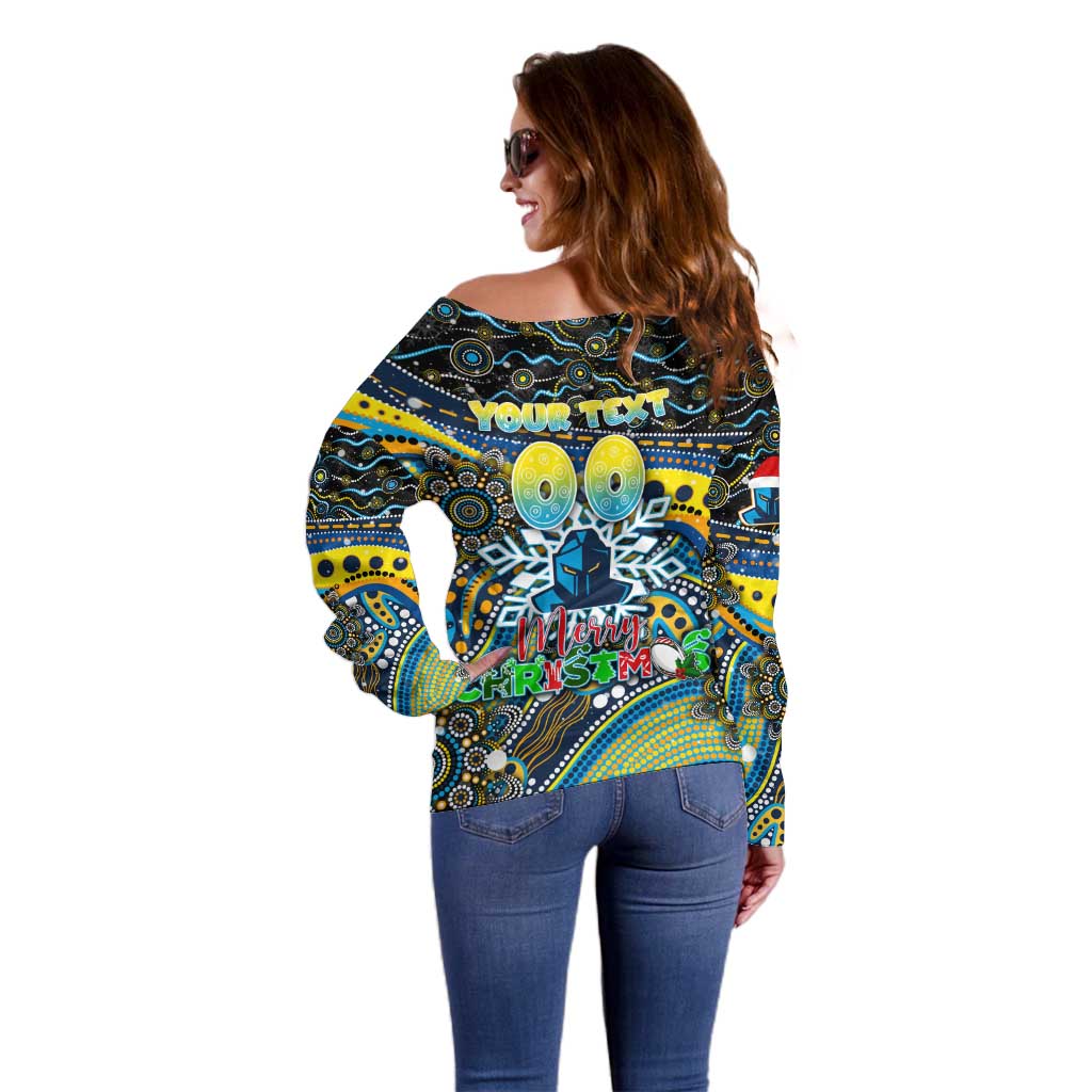 Merry Christmas Gold Coast Titans Off Shoulder Sweater Aboriginal Santa Rugby Mascot - Light Blue