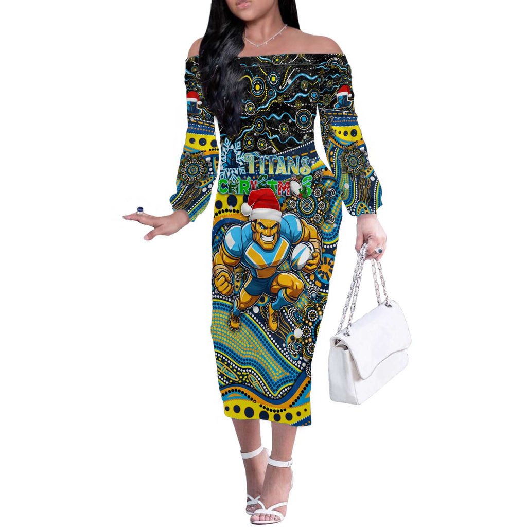 Merry Christmas Gold Coast Titans Off The Shoulder Long Sleeve Dress Aboriginal Santa Rugby Mascot - Light Blue