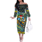 Merry Christmas Gold Coast Titans Off The Shoulder Long Sleeve Dress Aboriginal Santa Rugby Mascot - Light Blue
