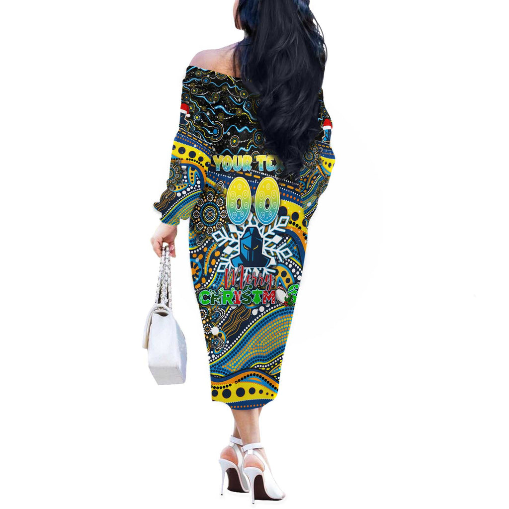 Merry Christmas Gold Coast Titans Off The Shoulder Long Sleeve Dress Aboriginal Santa Rugby Mascot - Light Blue