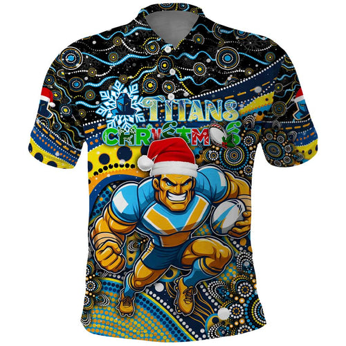 Merry Christmas Gold Coast Titans Polo Shirt Aboriginal Santa Rugby Mascot - Light Blue