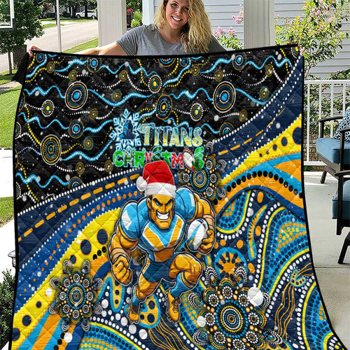 Merry Christmas Gold Coast Titans Quilt Aboriginal Santa Rugby Mascot - Light Blue