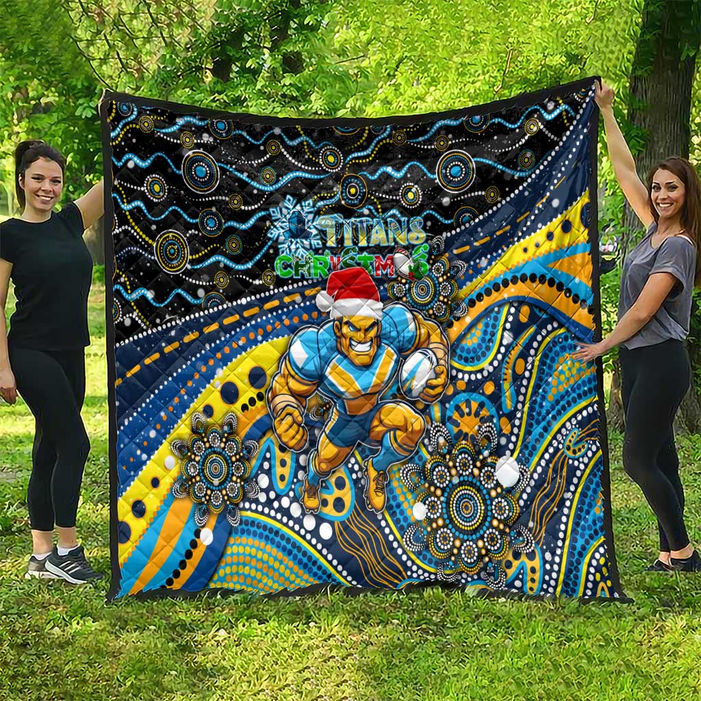 Merry Christmas Gold Coast Titans Quilt Aboriginal Santa Rugby Mascot - Light Blue