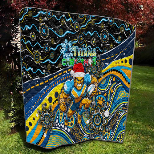 Merry Christmas Gold Coast Titans Quilt Aboriginal Santa Rugby Mascot - Light Blue