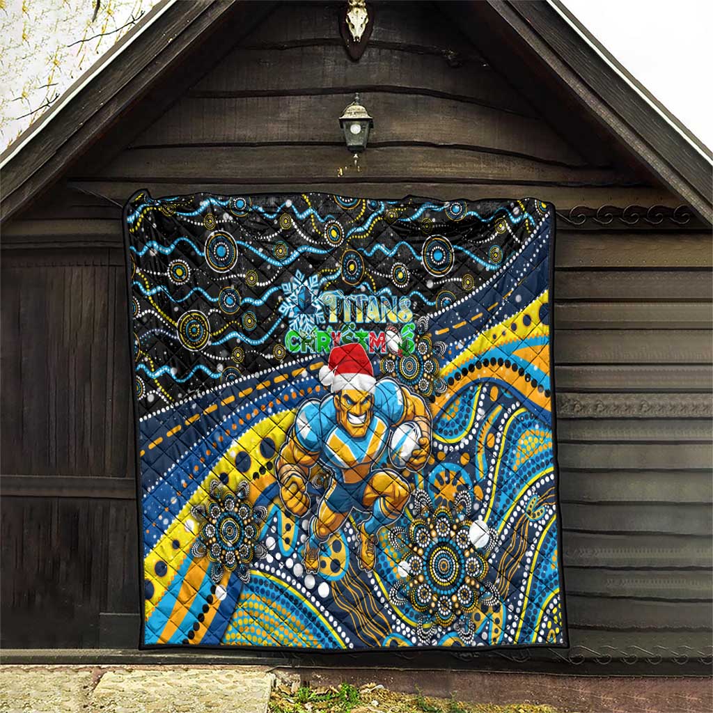 Merry Christmas Gold Coast Titans Quilt Aboriginal Santa Rugby Mascot - Light Blue