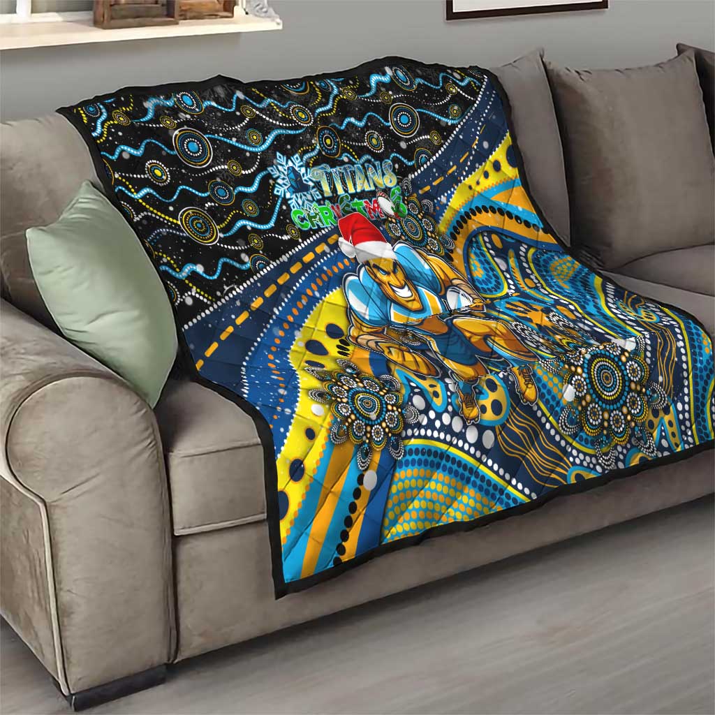 Merry Christmas Gold Coast Titans Quilt Aboriginal Santa Rugby Mascot - Light Blue